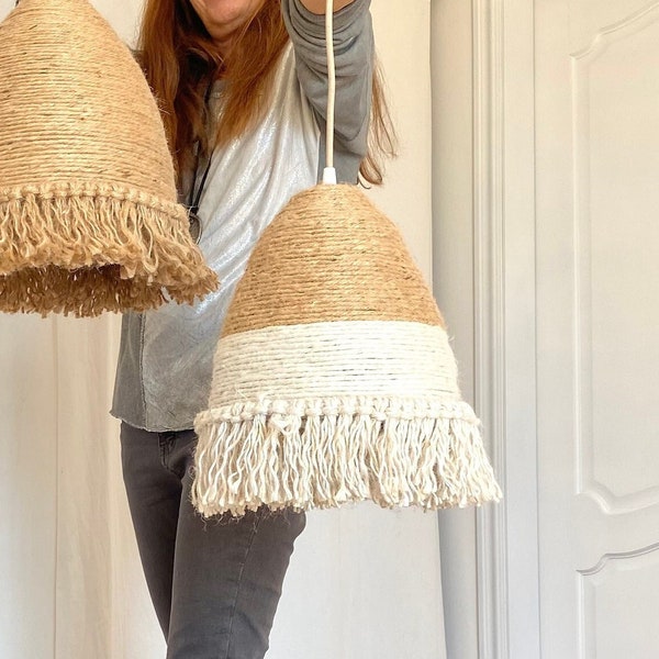 Jute pendant light, Jute ceiling lamp, Modern pendant lamp, Boho lamp, Decorative lamp - TROPIC FRINGES II