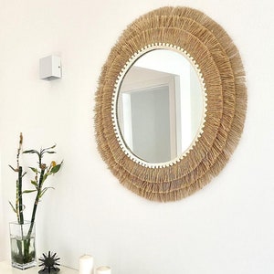 Boho mirror wall decor with fringes, Round mirror wall decor, Jute mirror wall decor, Home decor, Boho Mirror - MIRROR JUTE III Balls