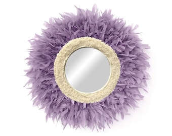 Miroir rond mauve avec coton et plumes, miroir de Boho, décoration de mur de miroir, miroir rond de plume, miroir de mur - CURLY DE MIROIR