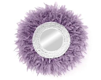 Miroir rond en coton et plumes mauve, Miroir Boho, Décoration murale, Miroir rond en plumes, Miroir mural - MIROIR PLUMES RUSTIQUES