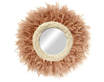 Round brown mirror with cotton and feathers, Boho mirror, Wall decoration mirror, Round feather mirror, Wall mirror - MIRROR CURLY