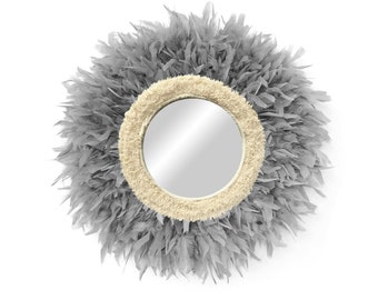 Miroir rond gris avec le coton et les plumes, miroir de Boho, décoration de mur de miroir, miroir rond de plume, miroir de mur - CURLY DE MIROIR