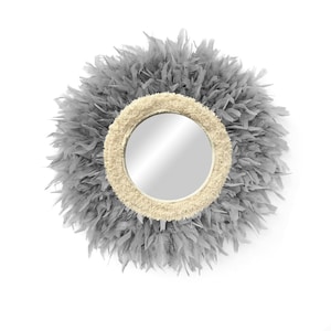 Round grey mirror with cotton and feathers, Boho mirror, Wall decoration mirror, Round feather mirror, Wall mirror - MIRROR CURLY