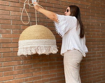 Boho pendant light with fringes, Natural jute lamp, Boho style ceiling lamp, Natural jute pendant lamp, Decorative lamp - TAILANDIA FRINGES