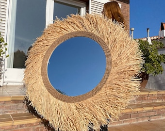 Miroir décoratif en raphia naturel, miroir en raphia, miroir géant en raphia naturel, miroir mural bohème - Miroir RAFFIA CORD TURNED