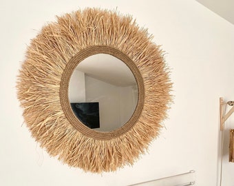 Large raffia round mirror wall decor, Boho wall decor,  Large mirror boho decor, Mirror wall decor, Boho round mirror - MIRROR RAFFIA CORD