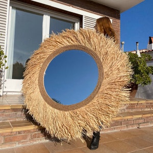 Raffia round mirror wall decor, Boho raffia mirror, Decorative mirror decor, Raffia mirror wall, Boho wall decor - MIRROR RAFFIA TURNED
