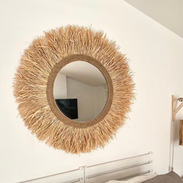 Miroir raphia style Boho, Miroir mural décoratif, Miroir mural raphia naturel, Décoration murale Boho - MIROIR RAFFIA CORD