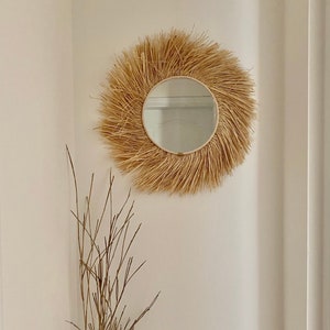 Raffia round mirror wall decor, Boho raffia mirror, Decorative mirror decor, Raffia mirror wall, Boho wall decor MIRROR RAFFIA TURNED zdjęcie 4