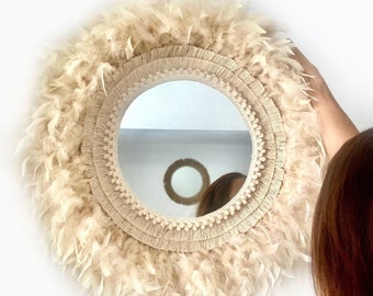 Miroir rond en plumes de style Boho, Miroir décoratif avec plumes, Miroir mural en plumes, Miroir rond en plumes - MIROIR BOHO