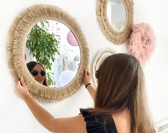 Wall decor round mirror with jute fringes, Boho mirror wall decor, Wall decor round mirror, Mirror wall decor, Jute Mirror - MIRROR JUTE II