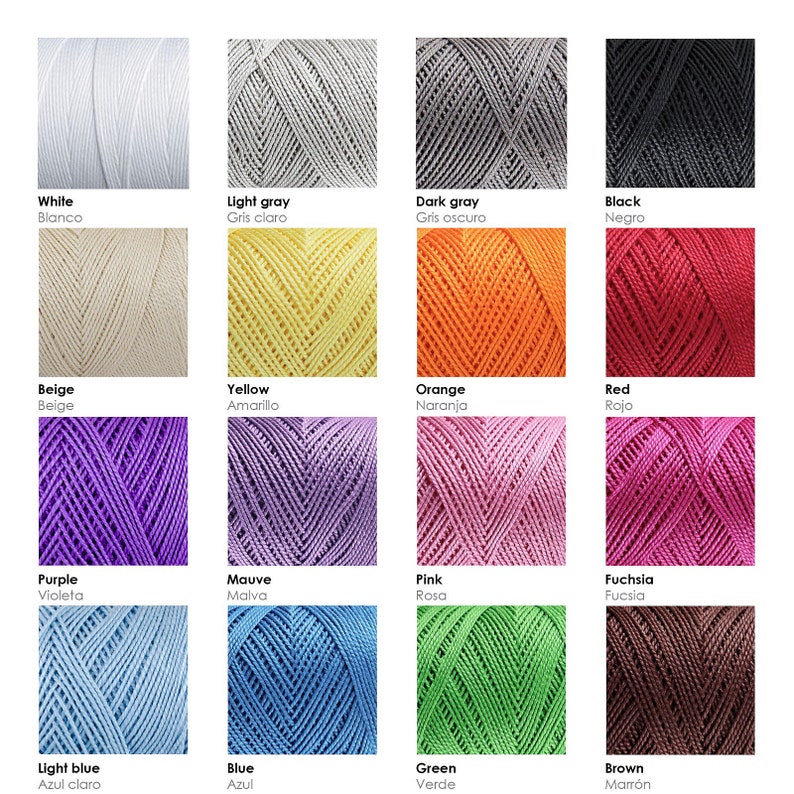 May include: A color chart of yarn skeins in various colors, including white, light gray, dark gray, black, beige, yellow, orange, red, purple, mauve, pink, fuchsia, light blue, blue, green, and brown. Each skein is labeled with the color name in both English and Spanish.