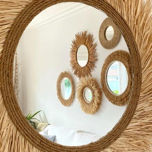 Espelho decorativo feito de ráfia natural, Espelho de ráfia, Espelho gigante de ráfia natural, Espelho de parede boho - Espelho de corda de ráfia torneada imagem 6