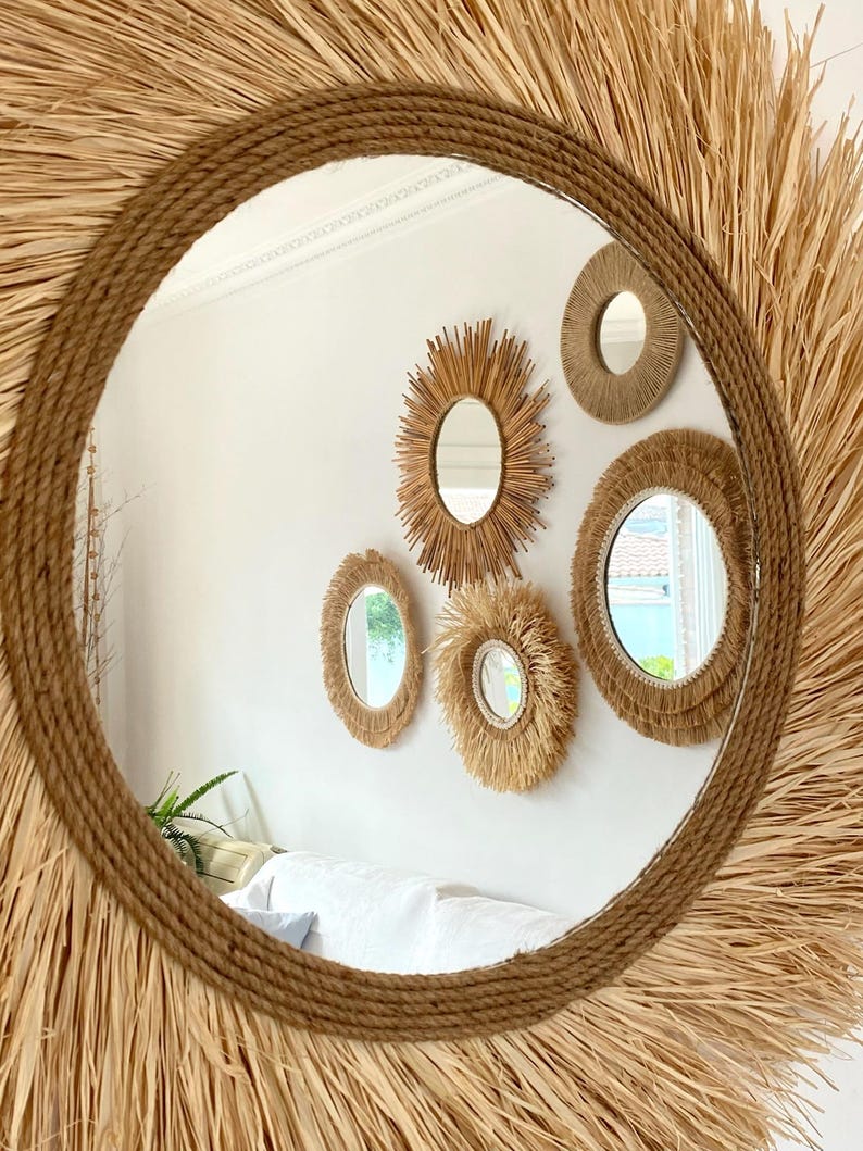 Espelho decorativo feito de ráfia natural, Espelho de ráfia, Espelho gigante de ráfia natural, Espelho de parede boho - Espelho de corda de ráfia torneada imagem 6