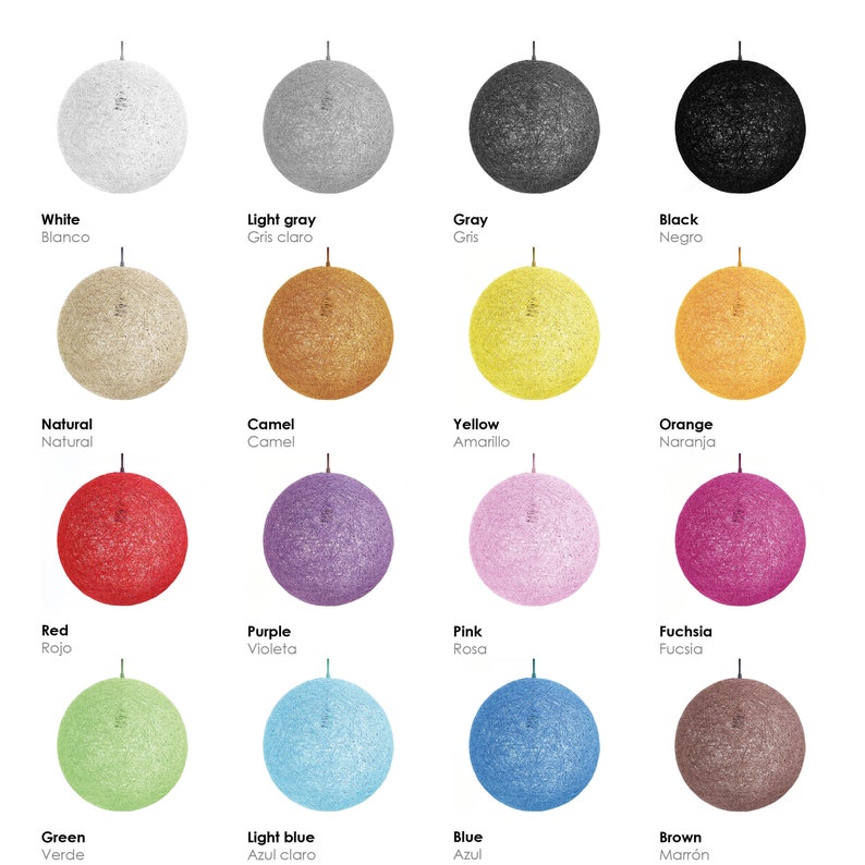 Peut inclure: Un tableau pr&eacute;sentant 12 couleurs diff&eacute;rentes de lampes rondes en corde suspendues. Les couleurs sont blanc, gris clair, gris, noir, naturel, camel, jaune, orange, rouge, violet, rose, fuchsia, vert, bleu clair, bleu et marron.