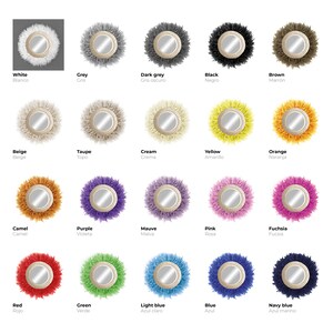 May include: A collection of 20 round mirrors with different coloured fluffy frames. The mirrors are arranged in a grid pattern. The colours include white, grey, dark grey, black, brown, beige, taupe, cream, yellow, orange, camel, purple, mauve, pink, fuchsia, red, green, light blue, blue, and navy blue.
