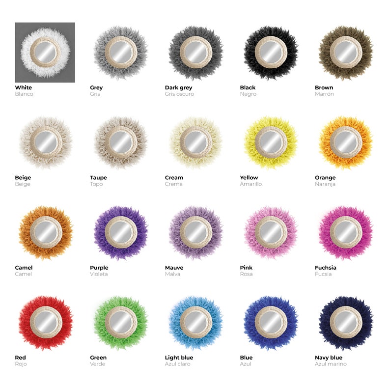May include: A collection of 20 round mirrors with different coloured fluffy frames. The mirrors are arranged in a grid pattern. The colours include white, grey, dark grey, black, brown, beige, taupe, cream, yellow, orange, camel, purple, mauve, pink, fuchsia, red, green, light blue, blue, and navy blue.