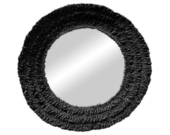 Round black cotton mirror, Boho mirror, Wall decoration mirror, Round feather mirror, Wall mirror - MIRROR CURLY