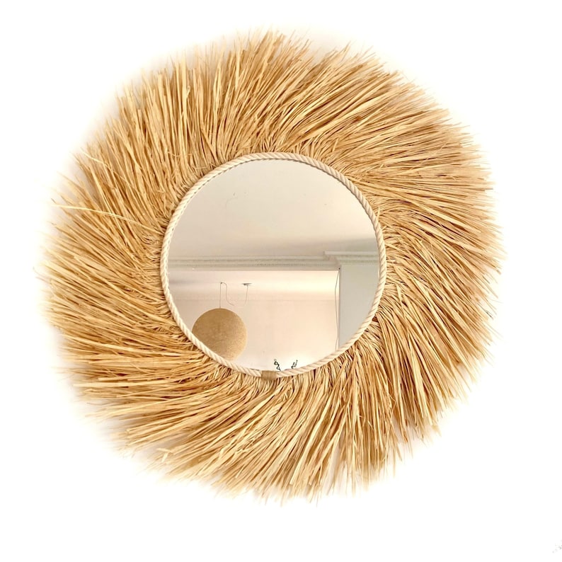 Raffia round mirror wall decor, Boho raffia mirror, Decorative mirror decor, Raffia mirror wall, Boho wall decor MIRROR RAFFIA TURNED zdjęcie 1