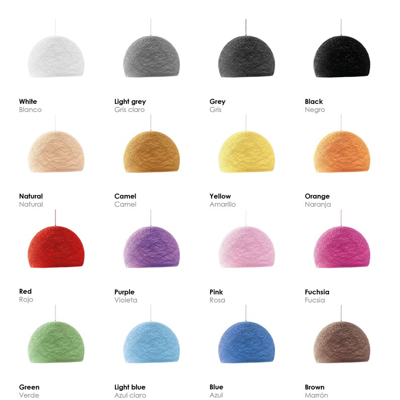 May include: A collection of 16 round, hanging light fixtures in various colors, including white, light grey, grey, black, natural, camel, yellow, orange, red, purple, pink, fuchsia, green, light blue, blue, and brown.