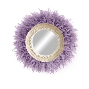 May include: A round mirror with a cream-coloured macrame frame and a lavender feather trim.