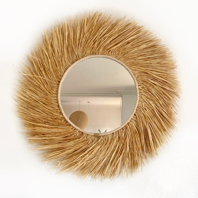 Raffia round mirror wall decor, Boho raffia mirror, Decorative mirror decor, Raffia mirror wall, Boho wall decor MIRROR RAFFIA TURNED zdjęcie 9