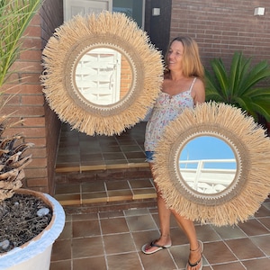 Large round mirror wall decor, Raffia mirror wall, Large rattan mirror wall decor,  Wall mirror rattan, Boho Wall Decor - MIRROR RAFFIA JUTE