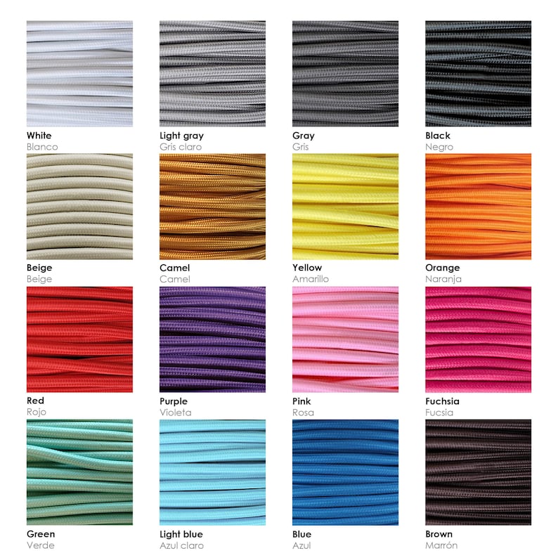 May include: A chart of 12 different colors of cord, each color is labeled with its name in both English and Spanish. The colors are: white, light gray, gray, black, beige, camel, yellow, orange, red, purple, pink, fuchsia, green, light blue, blue, and brown.