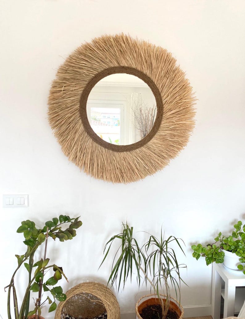 Espelho decorativo feito de ráfia natural, Espelho de ráfia, Espelho gigante de ráfia natural, Espelho de parede boho - Espelho de corda de ráfia torneada imagem 5