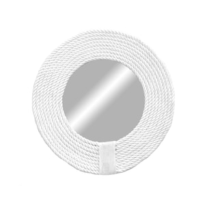 May include: White round mirror with a thick rope frame. The rope is woven in a circular pattern.