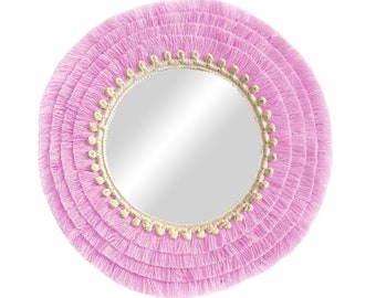 Round mirror with pink cotton fringes, Wall Decor Mirror, Fringe round mirror, Cotton Mirror, Boho Mirror Wall decor - MIRROR COTTON