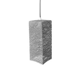 May include: A gray woven pendant light fixture with a square shape.