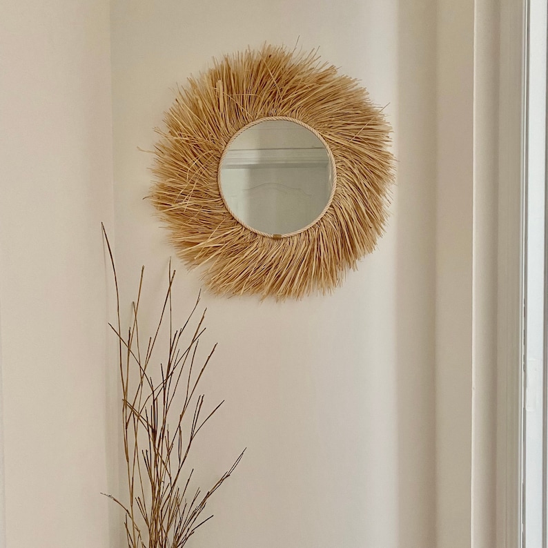 Raffia round mirror wall decor, Boho raffia mirror, Decorative mirror decor, Raffia mirror wall, Boho wall decor MIRROR RAFFIA TURNED zdjęcie 4