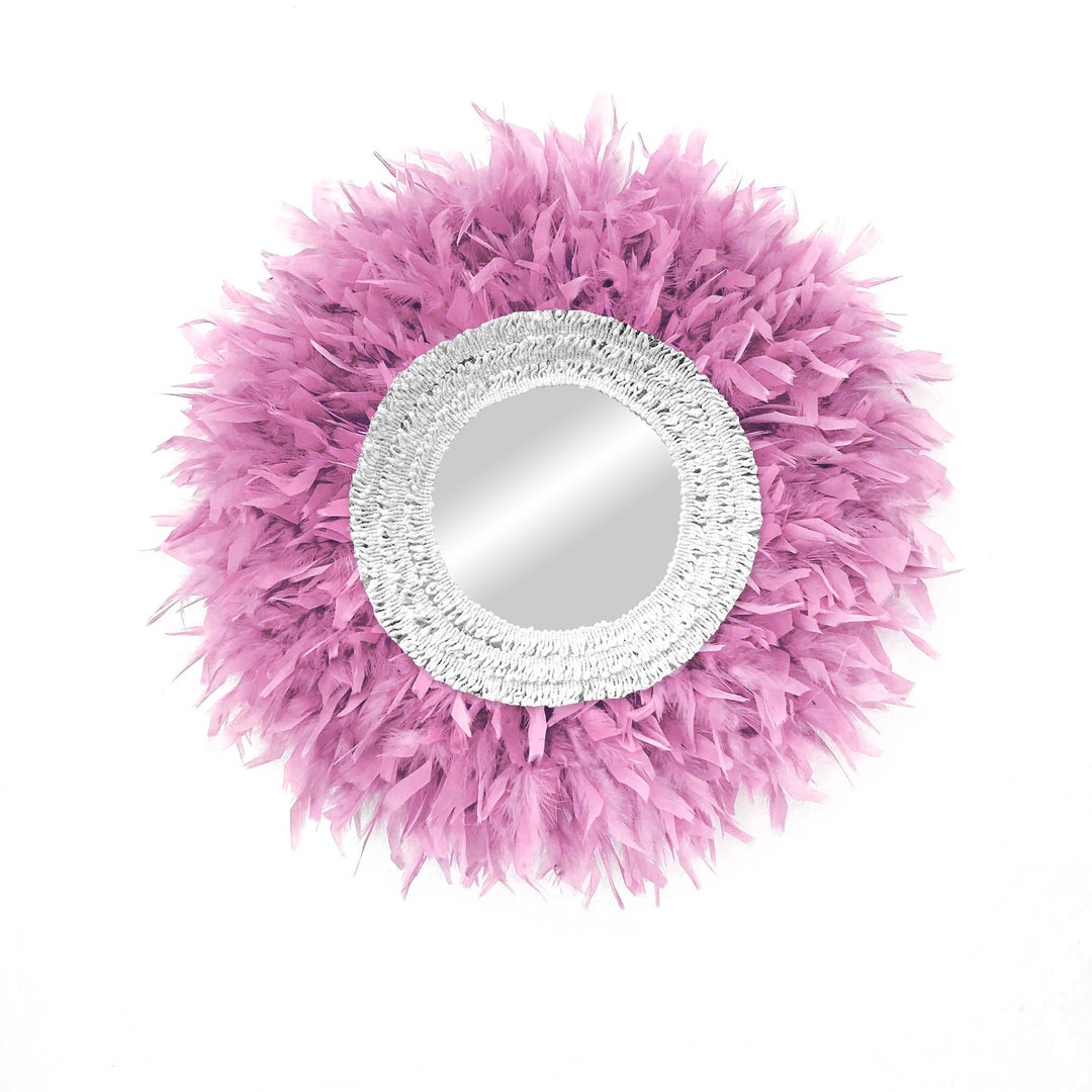 Pink Round Mirror With Cotton and Feathers, Boho Mirror, Wall