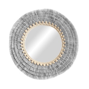 Round mirror with grey cotton fringes, Wall Decor Mirror, Fringe round mirror, Cotton Mirror, Boho Mirror Wall decor - MIRROR COTTON