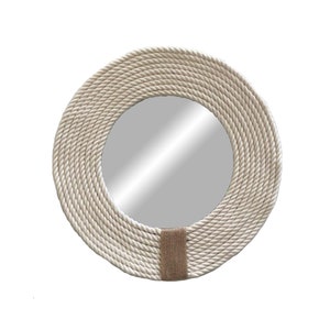 Beige round mirror with cotton, Boho mirror, Wall decoration mirror, Round feather, Wall mirror - MIRROR CORD