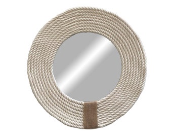 Beige round mirror with cotton, Boho mirror, Wall decoration mirror, Round feather, Wall mirror - MIRROR CORD