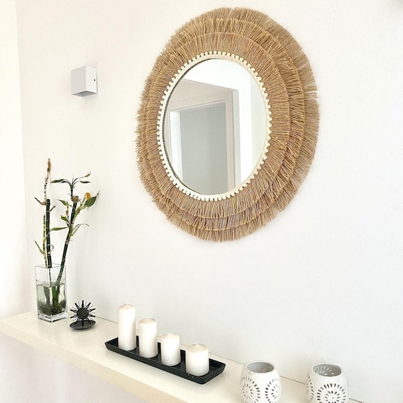Espejo decorativo de pared con flecos, Espejo boho decorativo