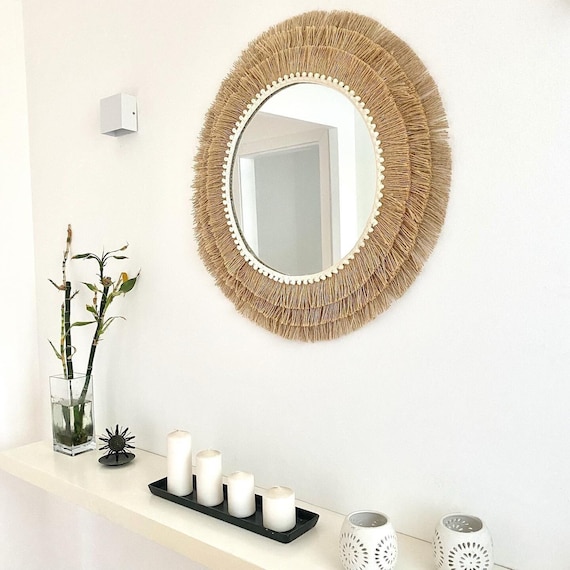 Espejo decorativo de pared con flecos, Espejo boho decorativo, Espejo redondo de yute, Espejo redondo de pared - MIRROR JUTE III Balls