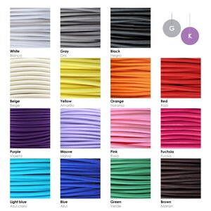 Peut inclure: Un tableau montrant 14 couleurs diff&eacute;rentes de cordon, avec le nom de la couleur et la traduction espagnole sous chaque &eacute;chantillon de couleur.
