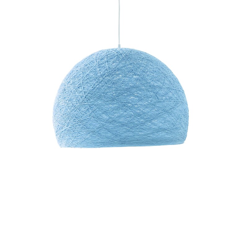 May include: A light blue pendant light made of woven string. The light is round and has a delicate, airy appearance.
