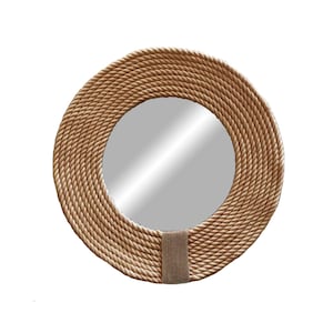 Brown round mirror with cotton, Boho mirror, Wall decoration mirror, Round feather, Wall mirror - MIRROR CORD