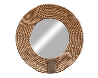 Brown round mirror with cotton, Boho mirror, Wall decoration mirror, Round feather, Wall mirror - MIRROR CORD