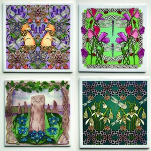 May include: Set of four square ceramic tiles with Celtic knotwork borders and nature-inspired designs. The first tile features two foxes in a purple and green floral pattern. The second tile has a green background with pink flowers and dragonflies. The third tile shows a stone monument with a blue sky and green grass. The fourth tile has a green background with white flowers and dragonflies.