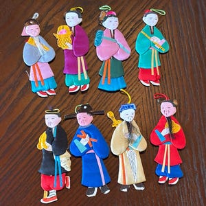 Set of 8 Vintage Bookmarks, Ornaments of Eight Immortals Chinese Folk Art in ORIGINAL Box ,Silk Paper Doll, Chinese Mythology