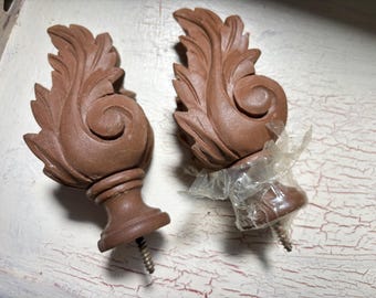 Pair Resin Icarus Leaf Curtain Rod Finials Brown Acanthus Scroll Drapery Ends