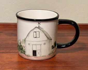 Farmhouse Barn Mug | Rustic Black Rim Ceramic Coffee Cup 4” | Country Cottage Kitchen Decor