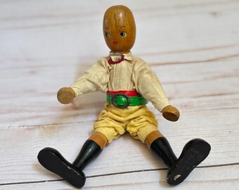 Polish Peg Boy, Mid Century Wood Moveable Made in Poland Wooden Doll with Clothes 7”