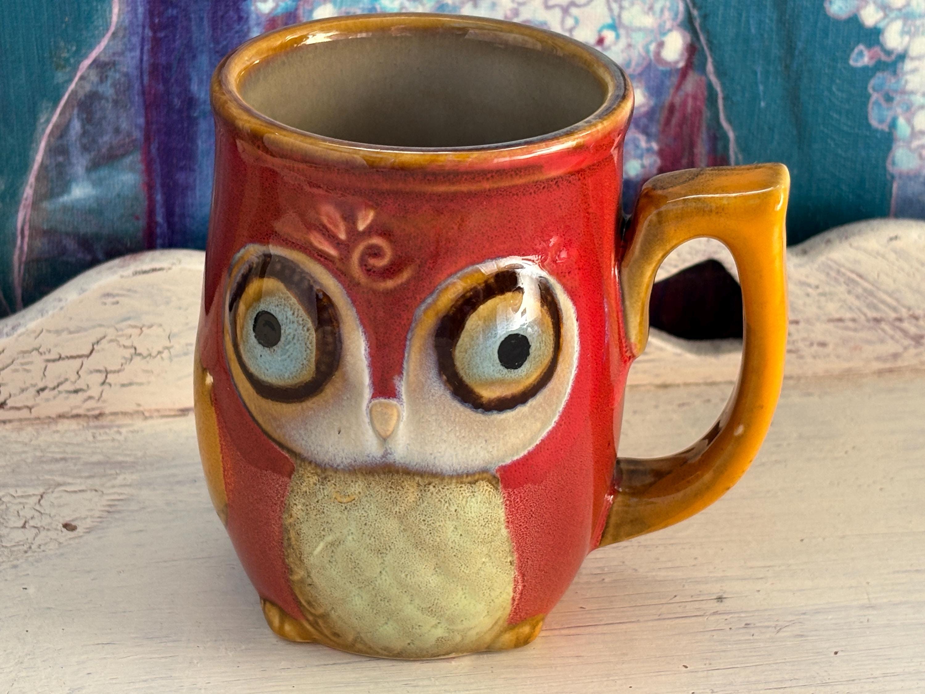 Gibson Owl Mug – Red & Amber Stoneware Coffee Cup, 4" Tall Big-Eyes Owl, Cute Animal 