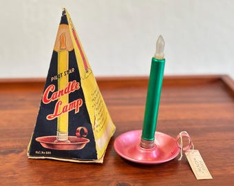 Vintage Pilot Star Candle Lamp with Box – Mid-Century Japan Electric Ornament – Green & Pink Metal Candlelight Decor